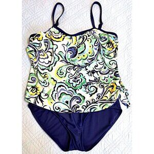 Maxine of Hollywood Women's 16 Blue Paisley Swimsuit One Piece Blouson Top